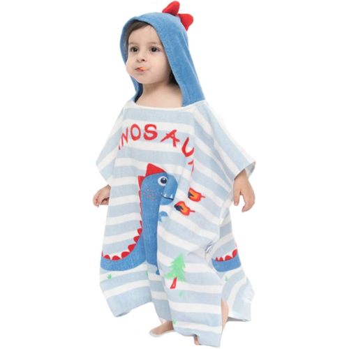 TONWHAR Kids Bath/Pool/Beach Hooded Poncho Towel-Cartoon Animal Pattern Cotton Beach Towel for Baby and Kids (Dinosaur, 1-4 Years/Height:33.4"-43.3")