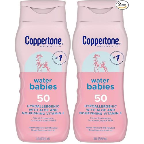 Coppertone WaterBabies Baby Sunscreen Lotion SPF 50, Value Pack, 2 x 8 OZ | Lotion Sunscreen for Baby with Aloe Vera, Water Resistant, Hypoallergenic, PABA, Oxybenzone, Octinoxate and Dye Free