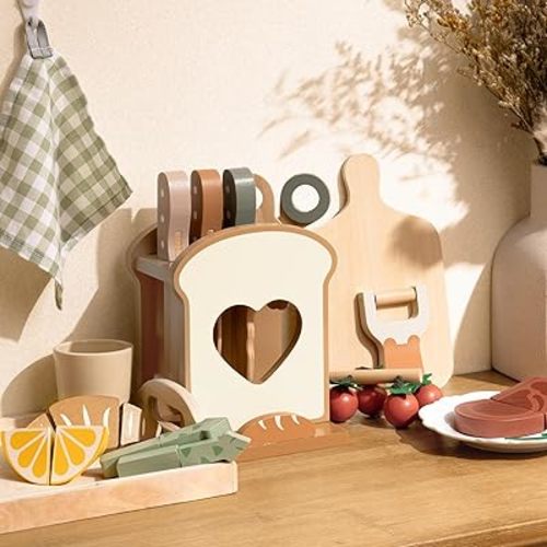 ROBOTIME Play Knife Set, Play Kitchen Accessories, Wooden Kids Play Toy Food – Pretend Play Food Set with Cutting Board, Wooden Fruits, Vegetables, and Cooking Tools for Toddlers Boys Girls