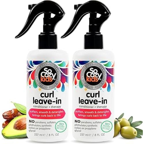 SoCozy Leave In Conditioner Spray (8 Fl Oz, Pack of 2) Detangler for Kids' Curly Hair, Tangle-Free Curls, Gentle & Nourishing with Keratin, Vitamin B5, Olive & Jojoba Oil, Paraben-Free