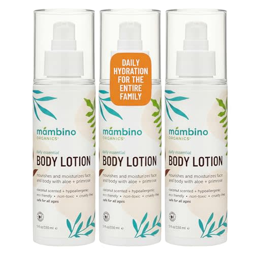 Mambino Organics Daily Essential Face & Body Lotion, Hydrating Body Lotion with Coconut, Aloe & Tamanu Oil, Lightweight Moisturizer for Dry Skin, Vegan & Cruelty-Free Skin Care, 5 fl oz (3-Pack)