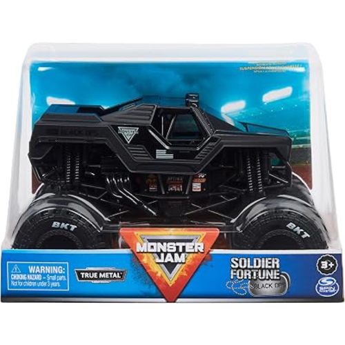 Monster Jam Official Soldier Fortune Truck, Retro Soldier Fortune Black Ops Collector 1:24 Scale Die-Cast Vehicle - Chrome Rims & BKT Tread Tires, Use In All Playsets - Collectible For Fans & Birthday