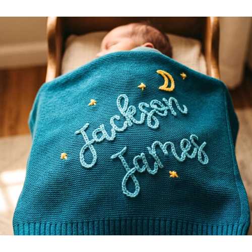 Personalized Baby Name Blanket, Custom Embroidered Cotton Knit Swaddle, Newborn Gift, Baby Shower Keepsake