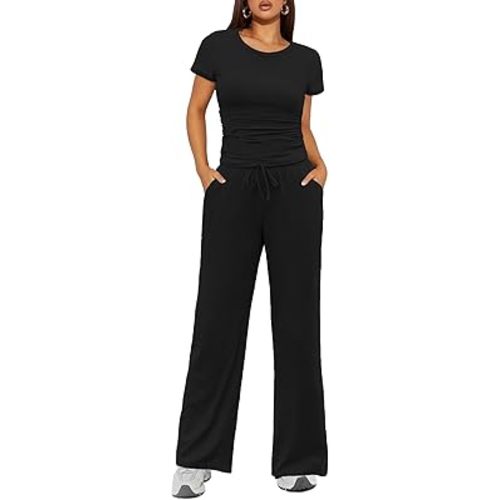 Ekouaer Women's 2 Piece Lounge Sets Ruched Short Sleeve Top and Wide Leg Pants Loungewear Tracksuit Sets with Pockets