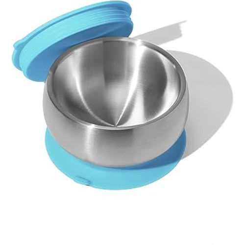 Avanchy Baby Bowls with Suction and Storage Lids Set. Babies Kids Toddler Boys Girl First Food Feeding. Fits Feeding High Chair Table. Stainless Steel, Blue