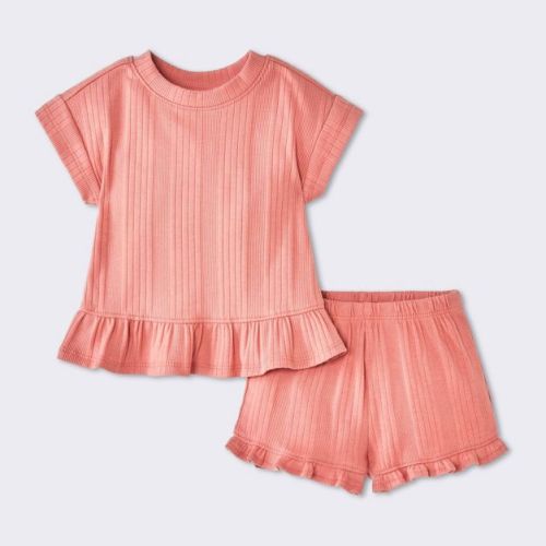 Baby Girls' 2pc Peplum T-Shirt and Ruffle Shorts Set - Cloud Island™ Pink 0-3M