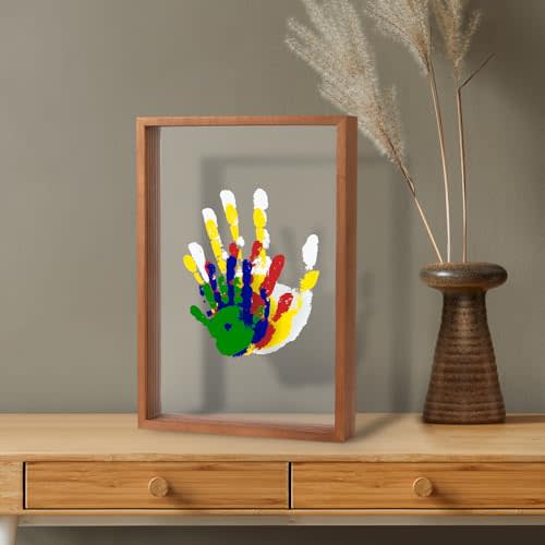 Family Handprint Kit - Gifts for New Parents, Adoption Gifts, Create Lasting DIY Craft Keepsake Wooden Frame -Includes 5 Paint Colors - Transparent Sheets (Brown)