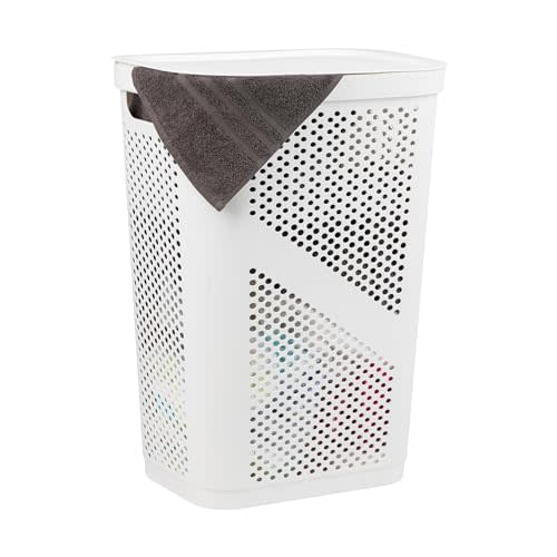 Mind Reader Slim Laundry Hamper with Lid, 60L Clothes Basket, Ventilated Plastic, White