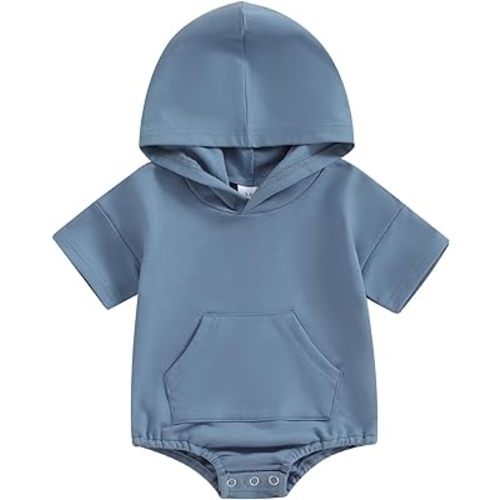 Newborn Baby Boys Girls Clothes Hooded Short Sleeve Bubble Bodysuit Pocket Snap Closure Summer Romper