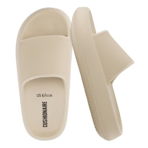 CUSHIONAIRE Feather Slides – Comfortable Cloud Cushion House Slippers for Women, Indoor Outdoor EVA Foam Foot Spa Shower Shoes - Khaki 10