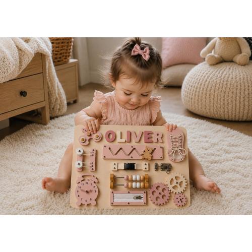 Personalized Busy Board with Name Puzzle, Montessori Sensory Toy, Custom Wooden Gift for Baby Boy Girl, First Birthday Gift
