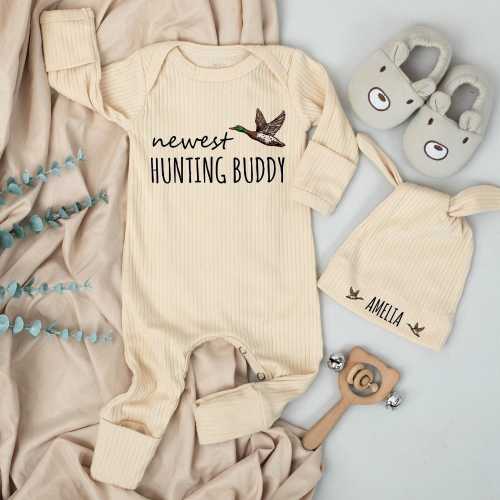 Newest Hunting Buddy Newborn bodysuit and hat set, Duck Hunting, Mallard Clothes, Pregnancy Reveal, Newborn Baby Shower, Little Hunter Gift