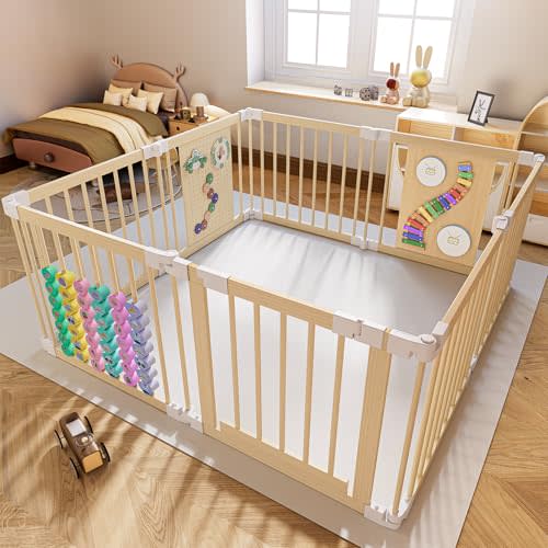 YZNVCG Baby Playpen - Adjustable Multi-Shape Wooden Play Yard, Portable Collapsible Activity Center with Baby Fence Play Area & Toys for Infants, Toddlers (57x57x24inch)