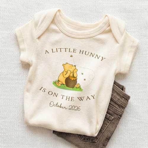 A little Hunny Is On The Way Custom Announcement Baby Long Sleeve Romper Personalized Pooh Bear Bodysuit Natural Coming Soon Onesie®