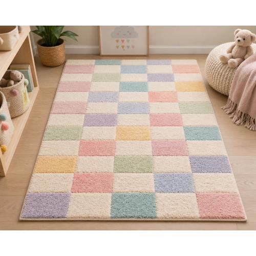 Pastel Checkered Rug, Kids Room Rug, Nursery Area Rug, Soft Fluffy Rug for Baby Room, Aesthetic Checkerboard Carpet, Playroom Decor Mat