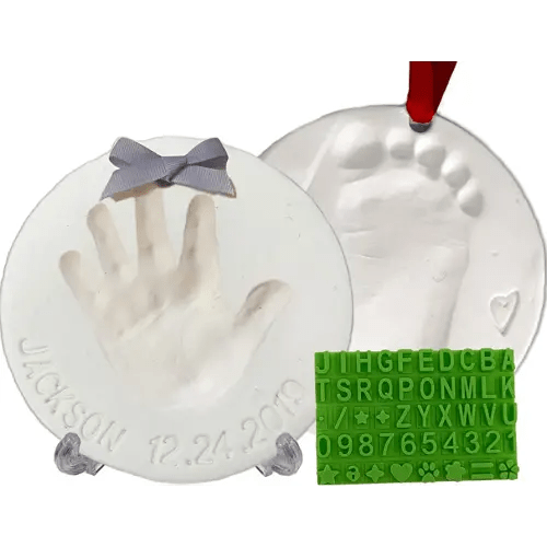 Baby Handprint Footprint Keepsake Ornament Kit (Makes 2) - Bonus Stencil for Personalized Christmas, Newborn, New Mom & Shower Gifts. 2 Easels! Non-Toxic Clay, Air-Dries Light & Soft, Won't Crack.
