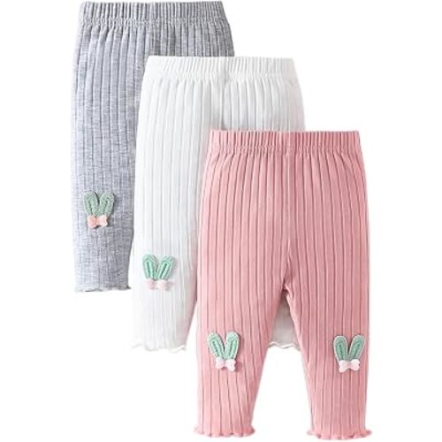 3 Pack Baby Girl Pants Newborn Infant Ribbed Bunny Applique Pants Toddler Leggings Lettuce Edge Jogger Pants