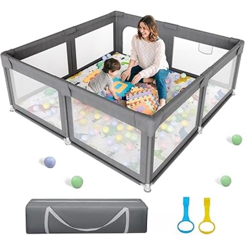 Palopalo 59x59inch Large Baby Playpen [Upgraded], Play Pen for Babies and Toddlers, Play Yard With Door and Soft Breathable Mesh, Infants Activity Center with Anti-Slip Base (Without Mat)