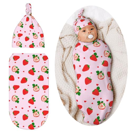 Lcokin Swaddle Blanket Strawberry Baby Stuff Newborn Baby Swaddling Blanket Sleep Sack with Beanie Hat Sets for Boys Girls Infant and Baby Shower Unisex