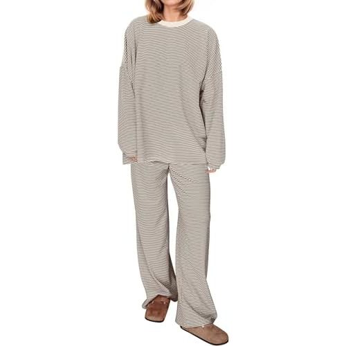 Women Striped 2 Piece Lounge Set Long Sleeve Oversized T Shirts Wide Leg Pants Matching Sets Casual Comfy Pajama Sets
