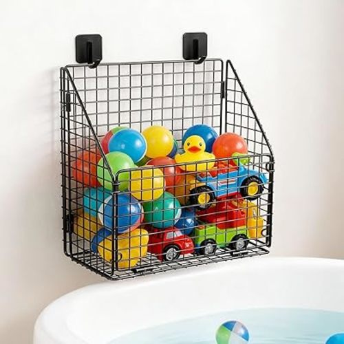 Large Bath Toy Storage, Metal Bathtub Shower Toy Holder, Foldable bath Tub Toy Organizers Black, Bathroom Toy Storage with Drainage for Sorting Toys/Clothes/Toiletries