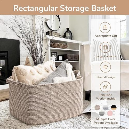 Goodpick Large Woven Storage Basket, 21.6" x 14.9" x 11.8" Blanket Basket for Living Room, Bedroom, Rectangle Rope Storage Organizer for Clothes, Toys, Brown