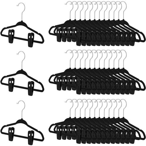 50 Pack Velvet Hangers for Baby & Kids, 11 Inch Non-Slip Infant Clothes Hangers with 100 Multi-use Adjustable Clips, Slim Space Saving Hanger for Nursery Closet, Toddler Skirts Pants Coat, Black