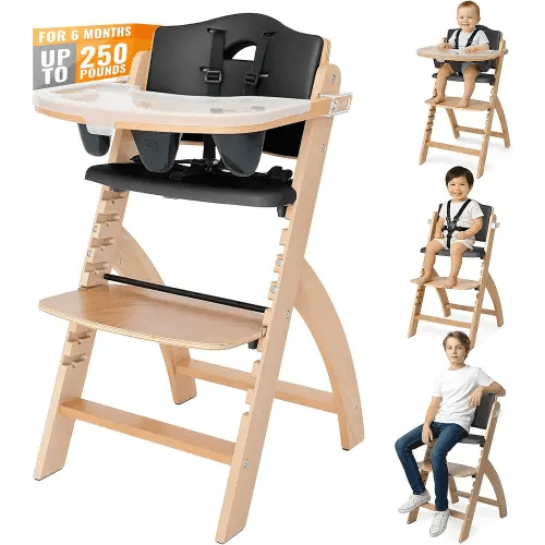 Abiie Beyond Junior Wooden High Chair for Babies and Toddlers - Convertible 3-in-1 Baby Highchair with Removable Tray - 6 Months to 250 Lb - Water Resistant - Natural Wood/Black Pearl Cushion