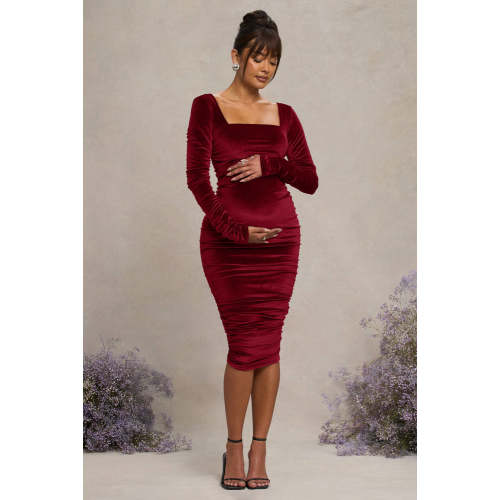 New Life | Berry Velvet Maternity Square Neck Ruched Midi Dress