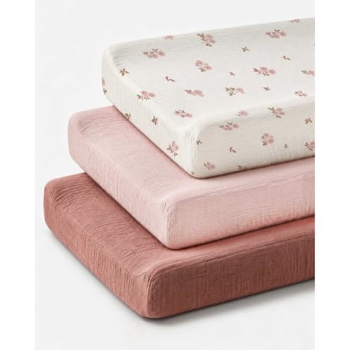 Changing Pad Covers 3 Pack, 32"x16" Muslin Baby Changing Table Pad Covers | Soft Breathable Muslin, Fits Standard Changing Table Pads, Neutral Boho Nursery Style for Baby Boy and Girl (Vintage Blossom)