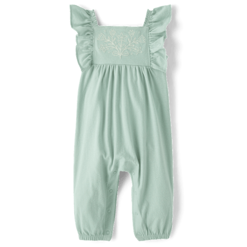 Baby Girls Embroidered Flutter Romper - Green