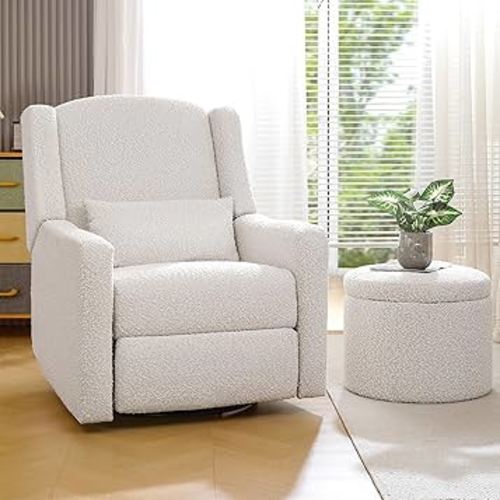 Power Recliner Chair Swivel Gilder Rocking Chairs Skin-Friendly Power Recliner Nursery Chair for Adults with Waist Pillow, USB Charging, Ottoman (Beige, Recliner Chair with Ottoman)