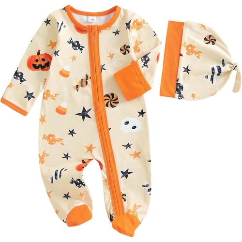 My First Halloween Baby Girl Boy Outfit Ghost Print Long Sleeve Zipper Footie Romper Cute One Piece Knit Jumpsuit