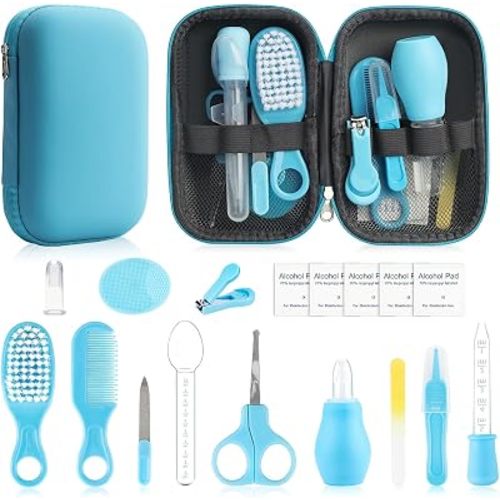 Baby Grooming Kit - 12 in 1 Nursery Essentials Baby Registry Shower Gift for Newborns, Infants, Toddlers, Boys, Girls Kids-Safety Baby Comb, Brush, Finger Toothbrush, Nail Clippers, Scissors(Blue)