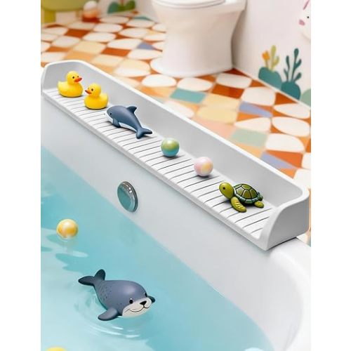 Splash Guard for Bathtub 31.5 Inch Silicone Tub Splash Guard with 11 Suction Cups Foldable Bath Toy Holder & Play Shelf Prevents Water Spills for Standard Tubs (Light Gray)