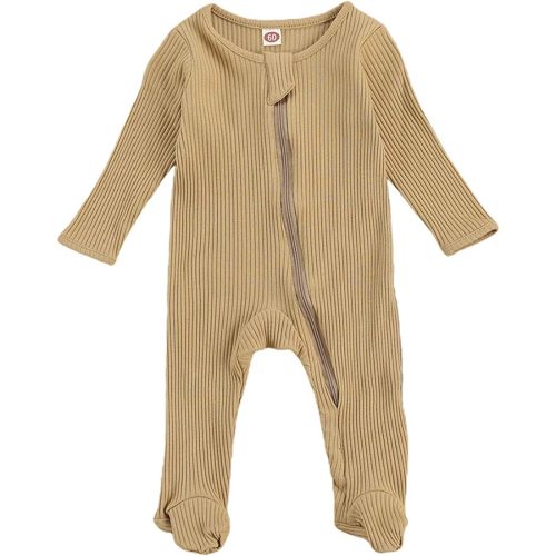One opening Newborn Baby Boy Girl Zipper Footies Pajamas Pjs Ribbed Solid Long Sleeve Romper Jumpsuits Footed Sleep and Play