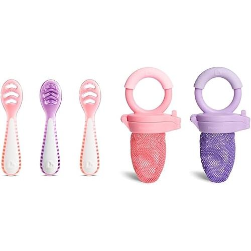 Munchkin® Gentle DipTM First Spoon Set for Baby Led Weaning, Self Feeding, 3 Pack and Fresh Food Feeder, 2 Count, Coral/Purple