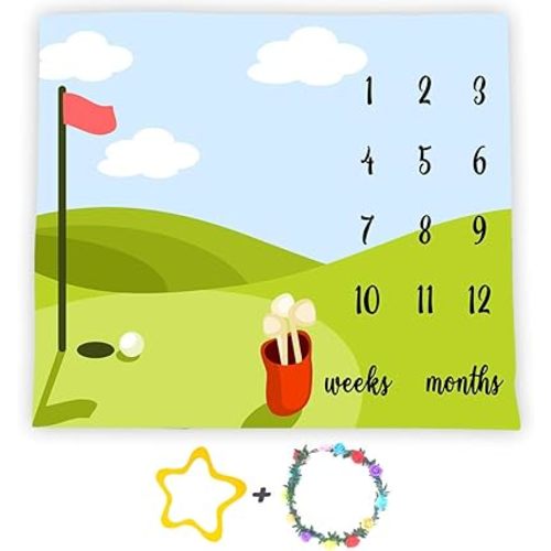 F-FUN SOUL Golf Baby Monthly Milestone Blanket 48x40in Sports Nursery Swaddling Blankets, Newborn Mom Gifts, Baby Shower Age Growth Tracker with Bonus Maker