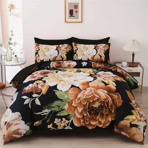 Dintszyayue Boho Floral King Size Comforter Set,7 Pieces Black and Gold Bed in a Bag Soft Microfiber Bedding Set with Sheet Set Elegant Flower Comforter Bedding Set for All Season