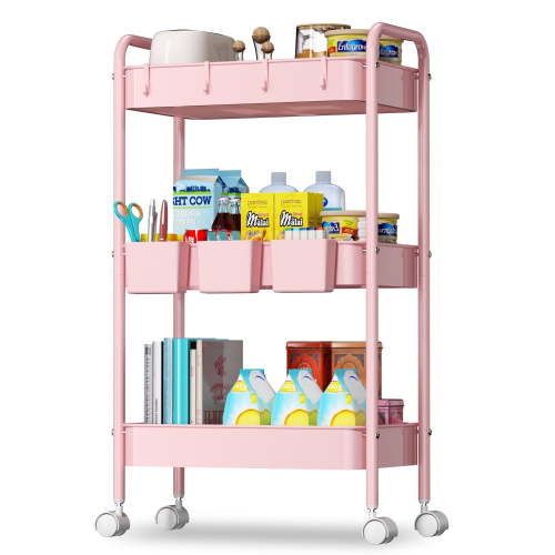 3 Tier Rolling Cart, Metal Utility Cart with 3 Hanging Cups and 4 Hooks, Handle and Lockable Casters, Mesh Rolling Storage Cart Organizer, Easy Assembly for Kitchen Office, Pink
