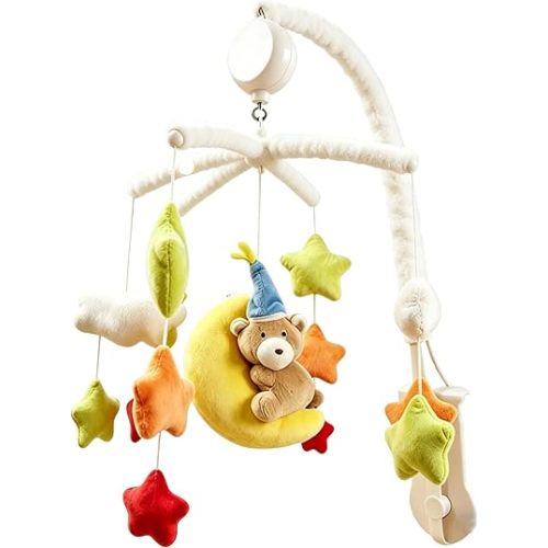 HLLEDUO Crib Mobile for Boys or Girls - Baby Crib Mobile with 35 Lullaby Music Rotating Auto-Shutoff, Clouds/Stars/Moon&Bear Starry Sky Theme Nursery Decor, Cotton Baby Mobiles for Cribs & Pack N Play