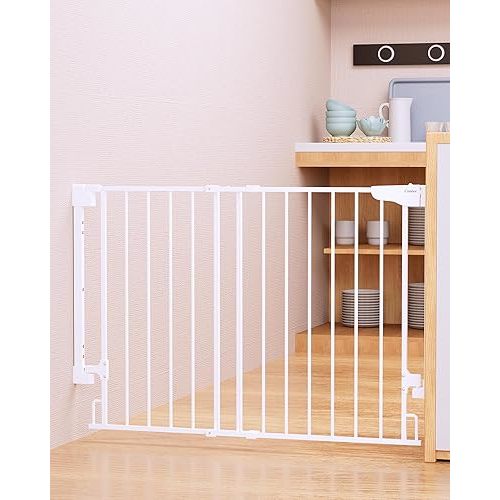Cumbor 29.2–43" Baby Gate for Stairs, Wall-Mounted (Drill Required), Expandable No Bottom Bar Dog Gate, Auto Close Extra Wide Walk Thru, Pet & Toddler Proof Gate, Top & Bottom of Stairways (White)