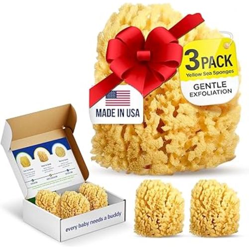 Baby Buddy Baby Bath 4in Yellow Sea Sponge, Absorbent Natural Sea Sponge, Soft on Tender Skin, Biodegradable, Hypoallergenic, Bath Accessories for Bathing, 3 Pack