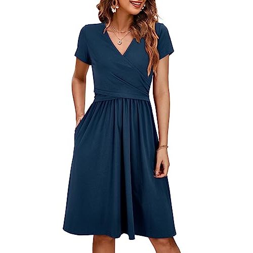 OUGES Maternity Nursing Dress Breastfeeding Short Sleeve V Neck Casual Pregnancy Clothes with Pockets