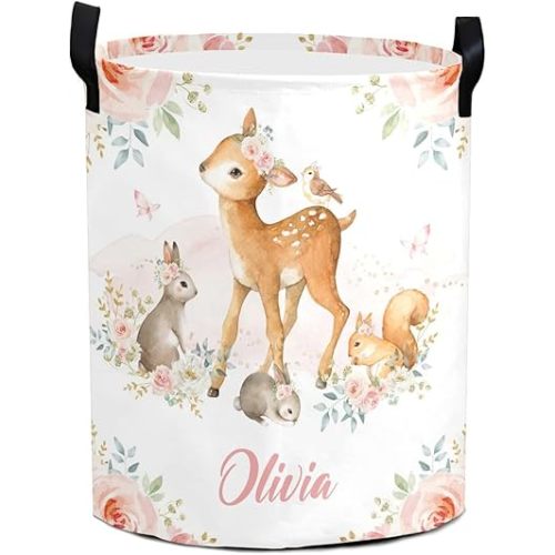 Deer Bunny Floral Pink Woodland Personalized Laundry Basket Clothes Hamper with Handles Waterproof,Collapsible Laundry Storage Baskets Decorative