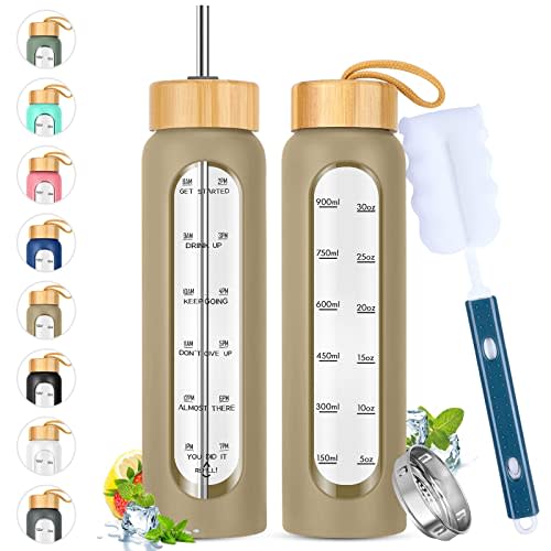 SipZest 32 oz Glass Water Bottle with Straw - Motivational Time Marker & Silicone Sleeve - Reusable Tumbler Includes 2 Bamboo Lids & Fruit Infuser - 1 Pack