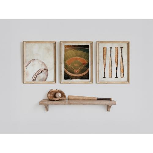 Baseball Wall Art Set of 3, Vintage Style Sports Nursery Prints, Boys Room Decor Posters