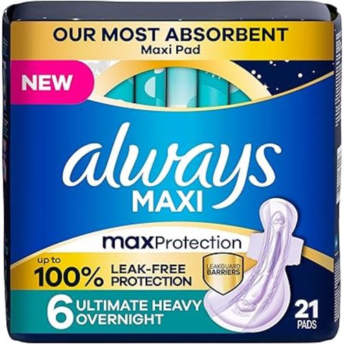 Always Maxi Overnight Feminine Pads with Wings for Women, Size 6, Ultimate Heavy Overnight Absorbency, Unscented, Up to 100% Leak-Free Protection, 21 Count