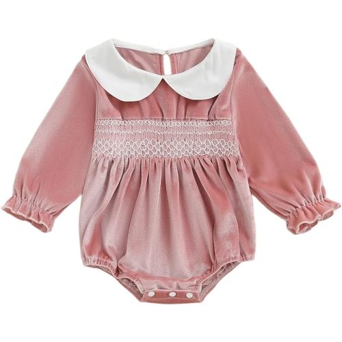 Baby Girl Christmas Velvet Smocked Bubble Romper Peter Pan Collar Bodysuit Newborn Fall Winter Holiday Clothes Photo