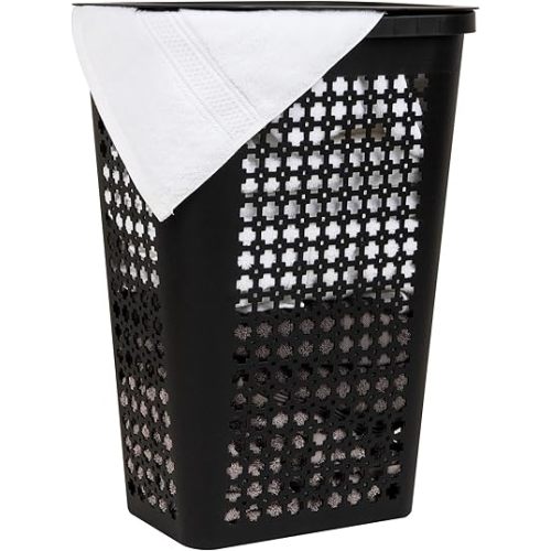 Mind Reader Slim Tapered Laundry Hamper with Lid, Clothes Basket with Swiss Cross Cut-Outs, Lightweight & Ventilated, Plastic, 16.75"L x 12.75"W x 23"H, Black